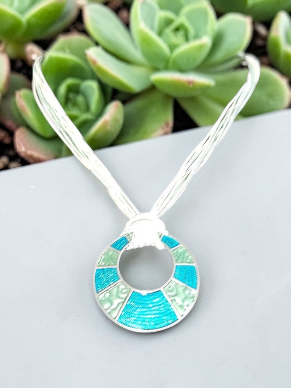 Lia Sophia Teal Enamel Circle Pendant Necklace | Multi Strand Cord EUC